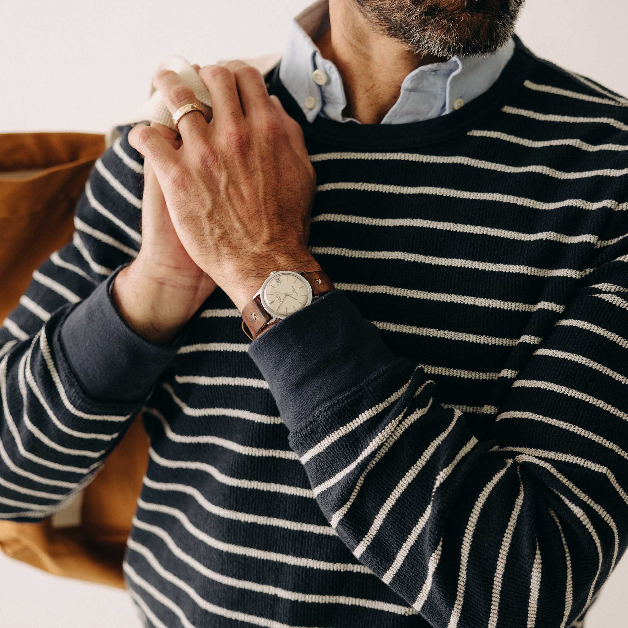 The Adams Crew in Dark Navy Stripe Reverse Terry