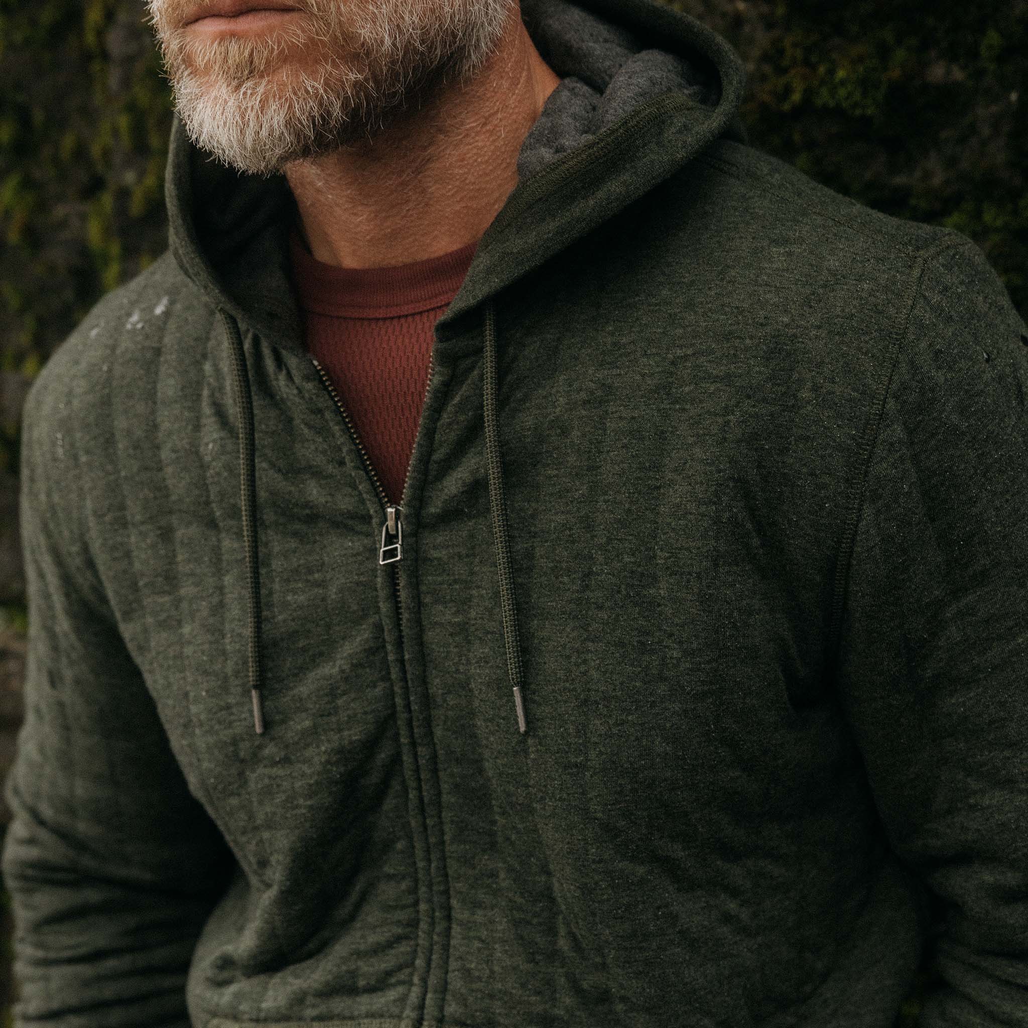 The Apres Zip Hoodie in Fatigue Olive Quilted Jersey